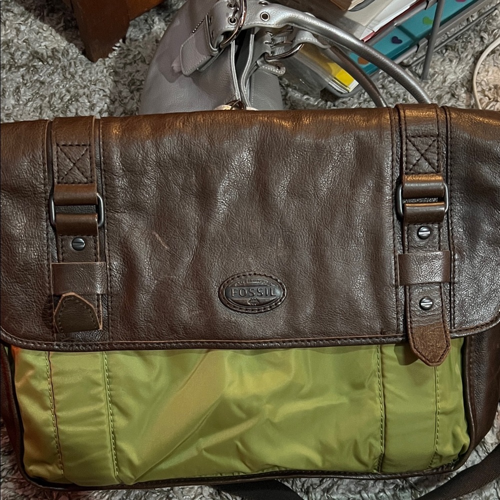 Fossil Leather and Olive Green Messenger Bag